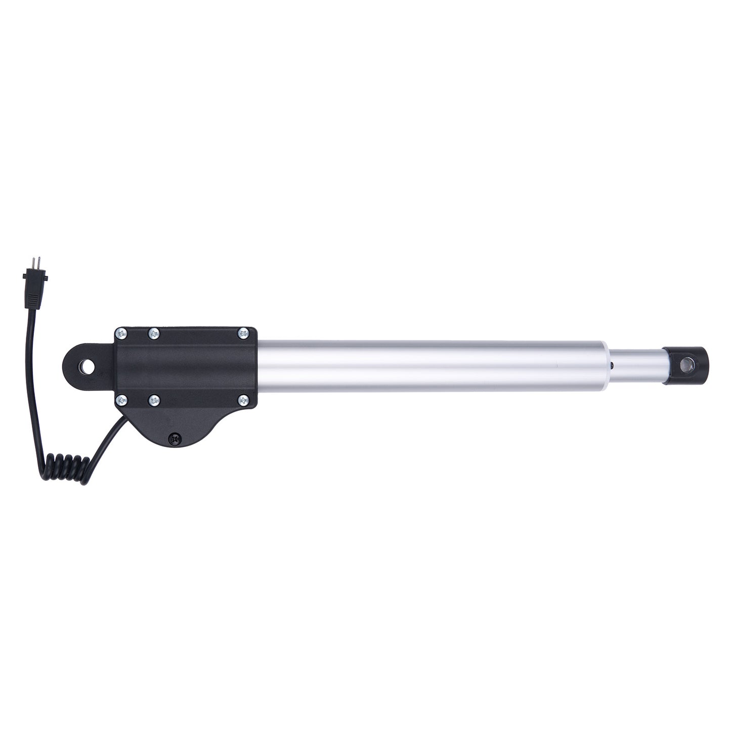 Linear actuator with black housing and silver cylindrical rod on a white background