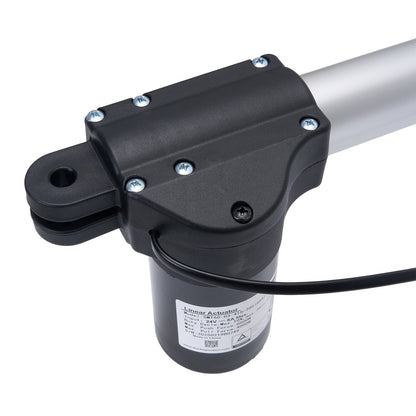 Black linear actuator with visible components on a white background