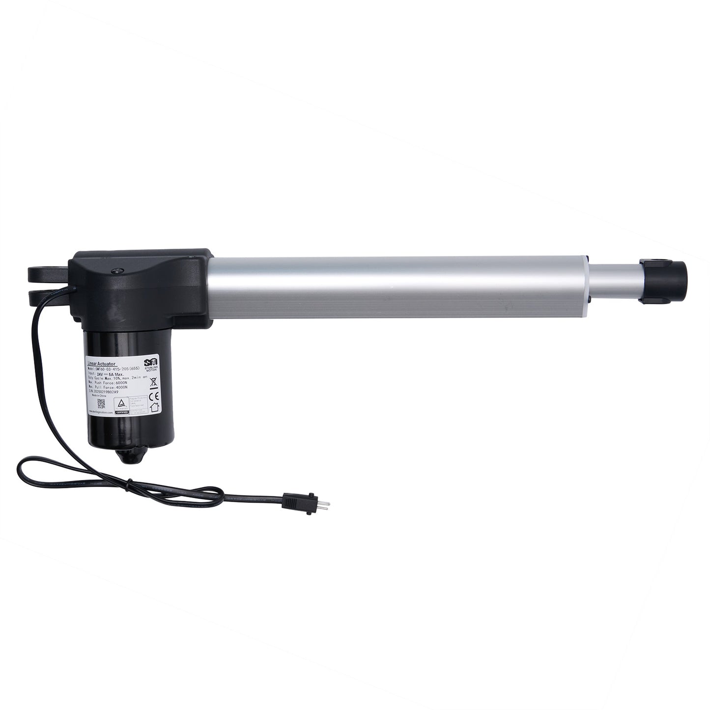 A SMT brand linear actuator, with a silver cylinder and black motor housing, connected to a cable with a plug.
