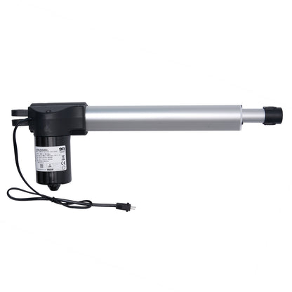 A SMT brand linear actuator, with a silver cylinder and black motor housing, connected to a cable with a plug.