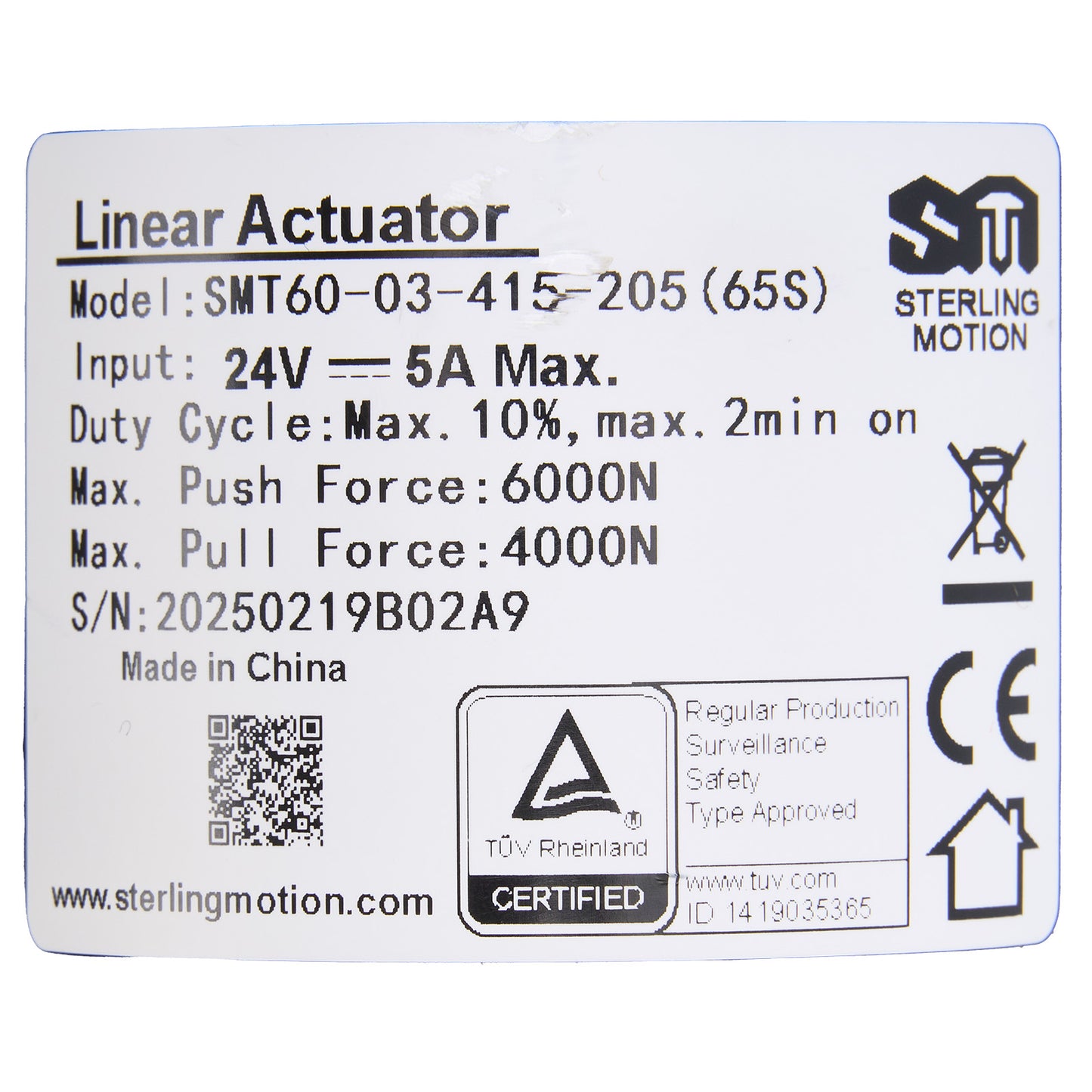 Technical specifications label for a linear actuator on a white background.