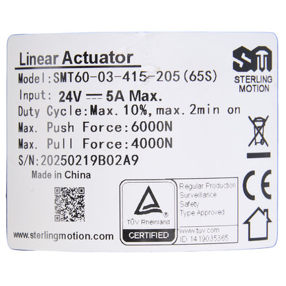 Technical specifications label for a linear actuator on a white background.