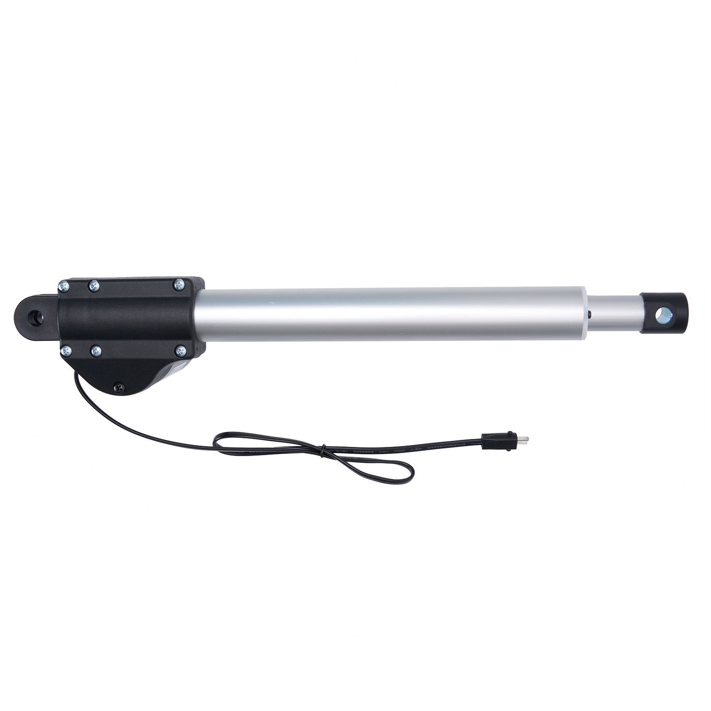 Metallic linear actuator with cable on white background