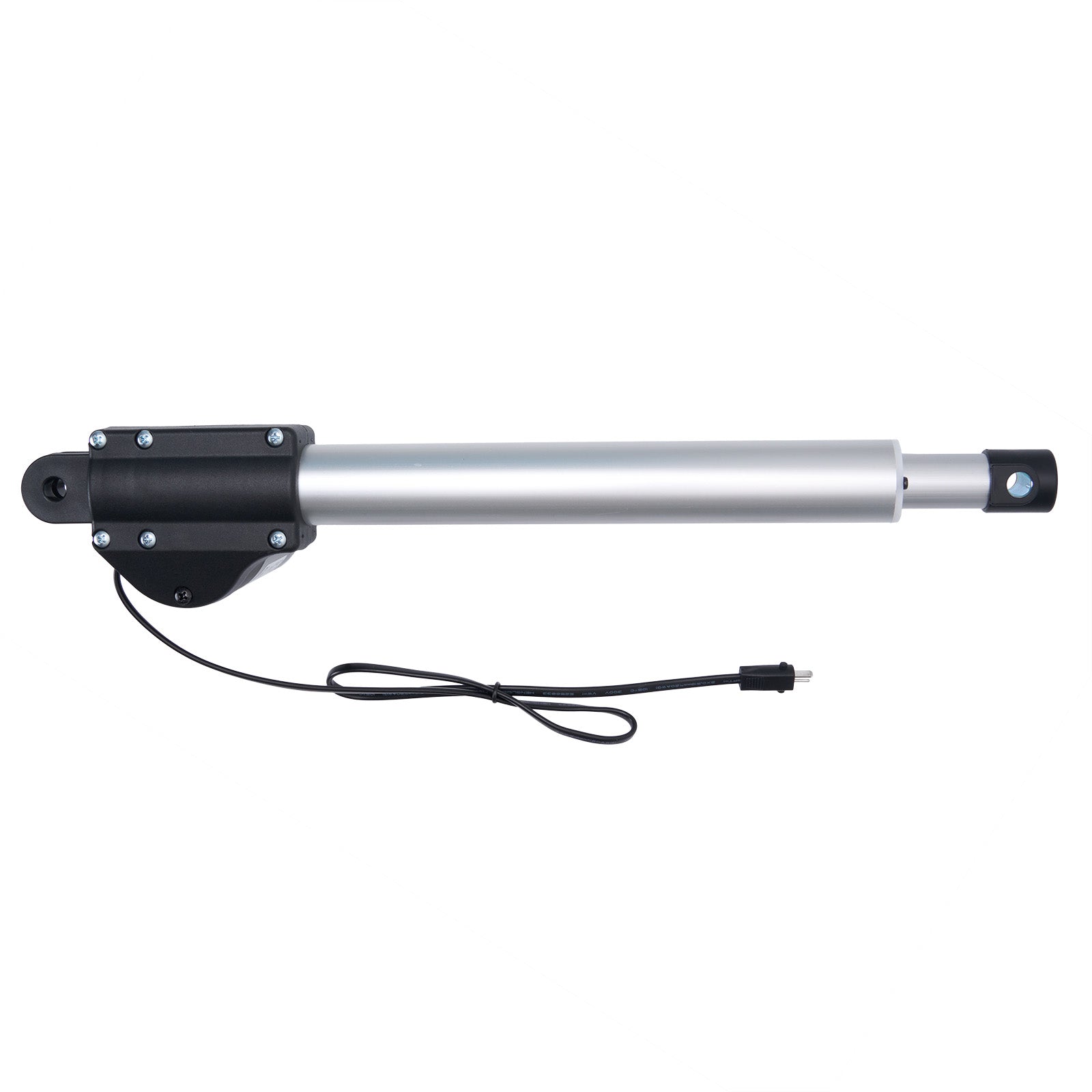 Metallic linear actuator with cable on white background