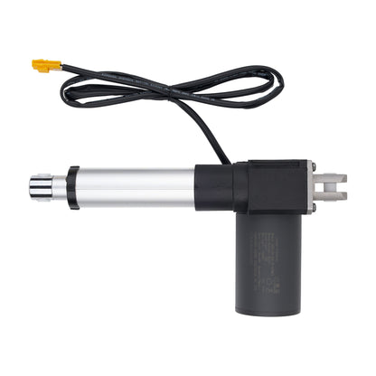 Electric actuator with a black cylindrical housing and silver rod on a white background