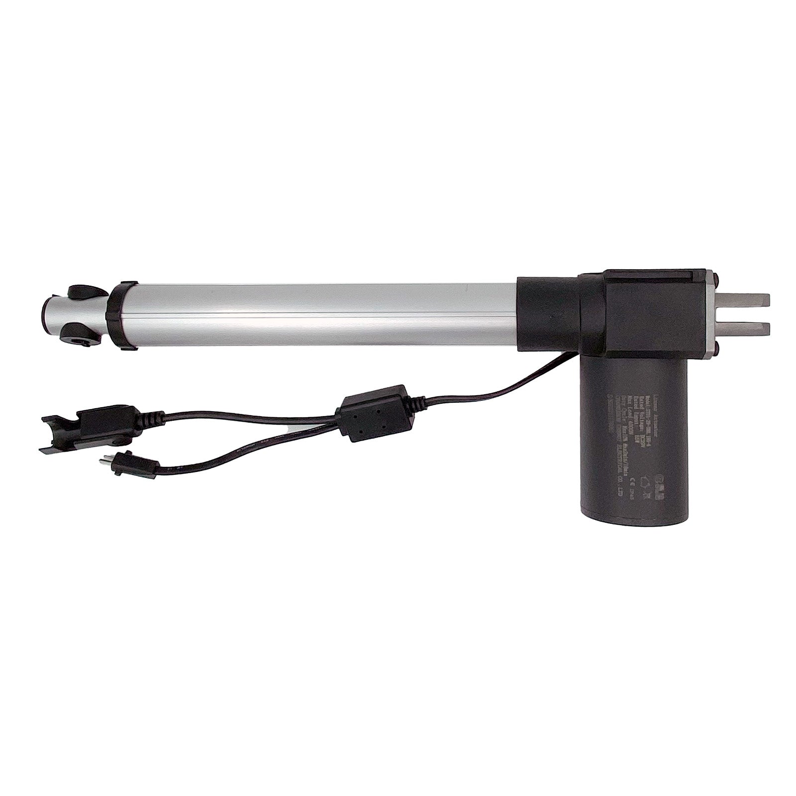 A black linear actuator with a silver rod, two attached cables, and plugs.