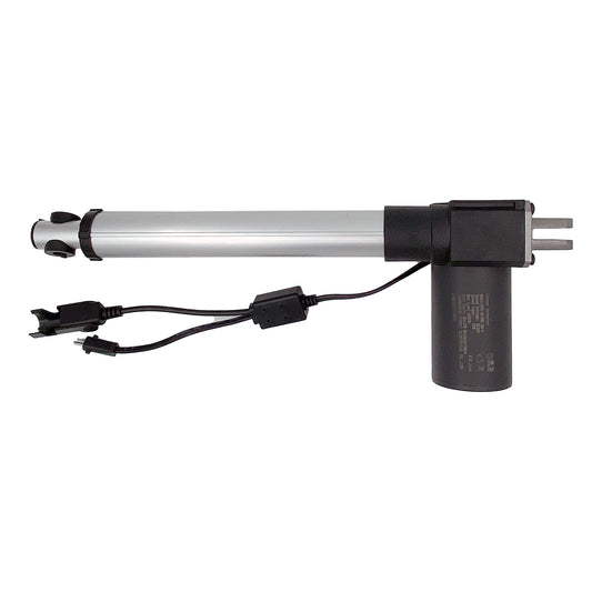 A black linear actuator with a silver rod, two attached cables, and plugs.