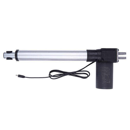 Linear actuator with black and silver design on a white background