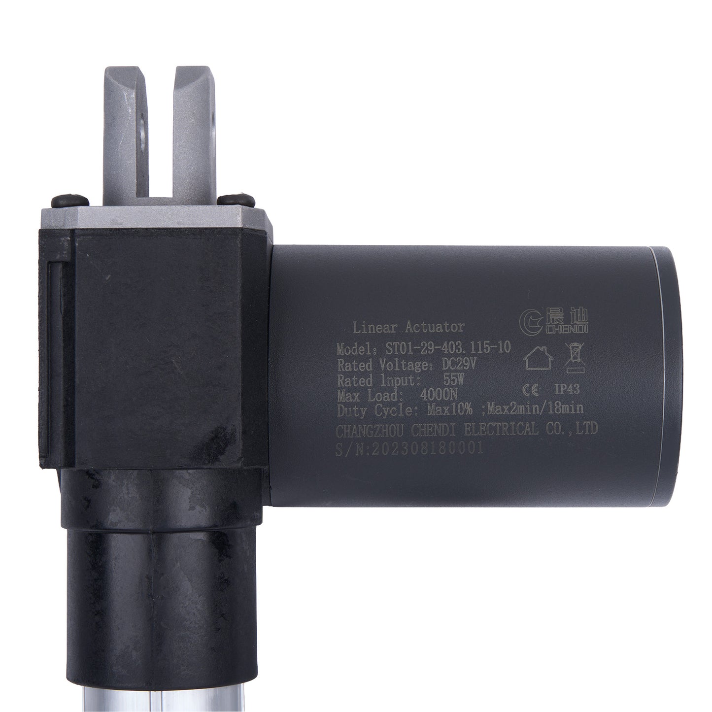 Black linear actuator with specifications on a white background