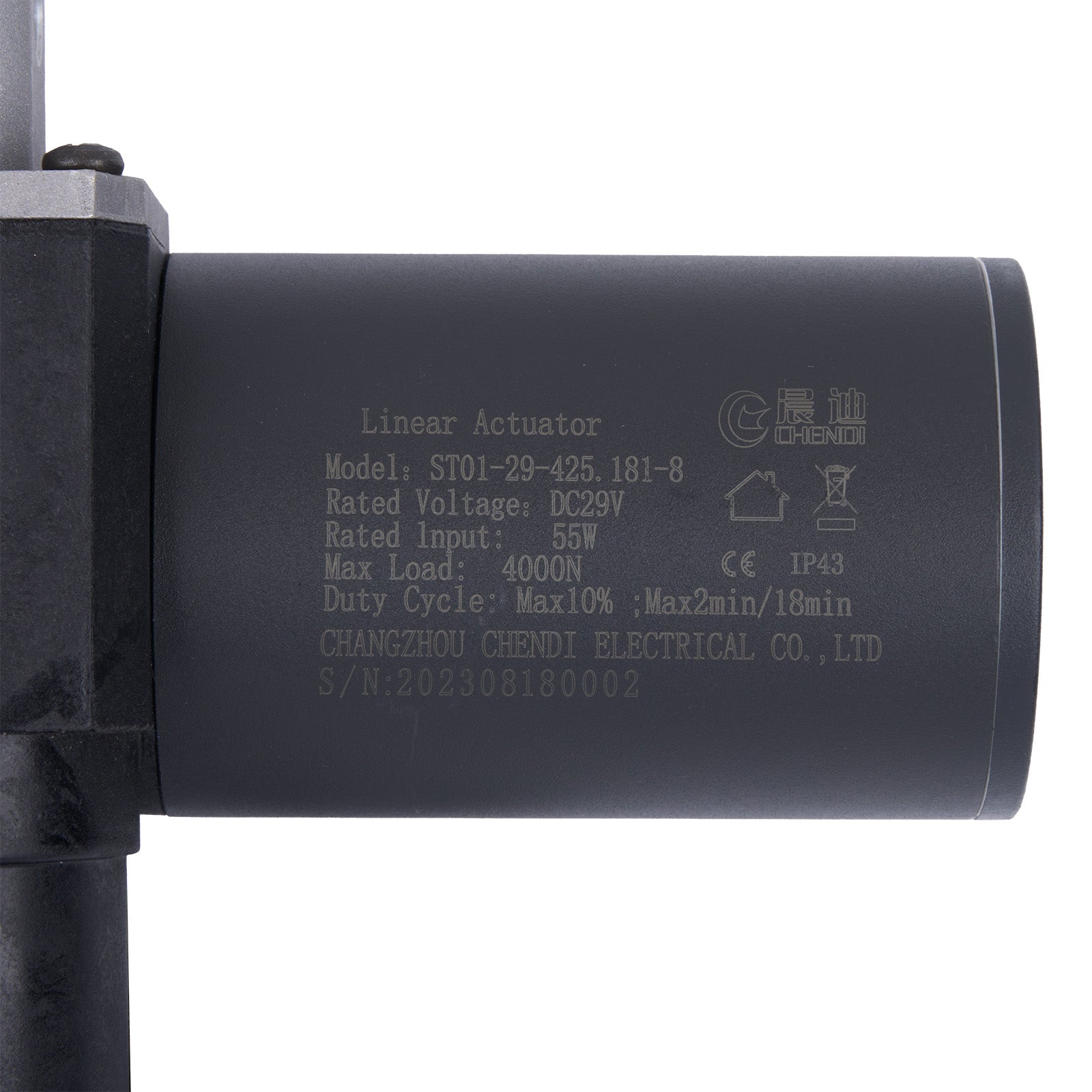 Black linear actuator with technical specifications on a white background