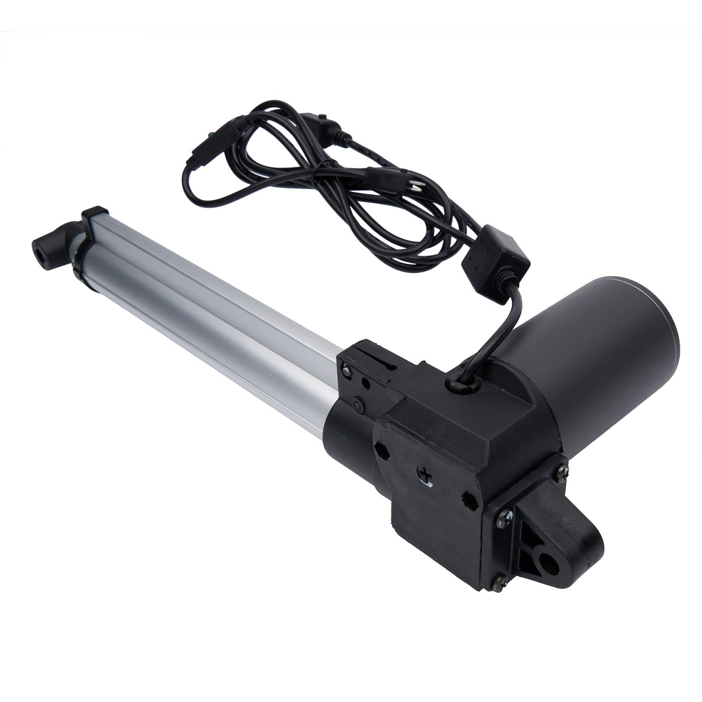 Black linear actuator with a cable on a white background