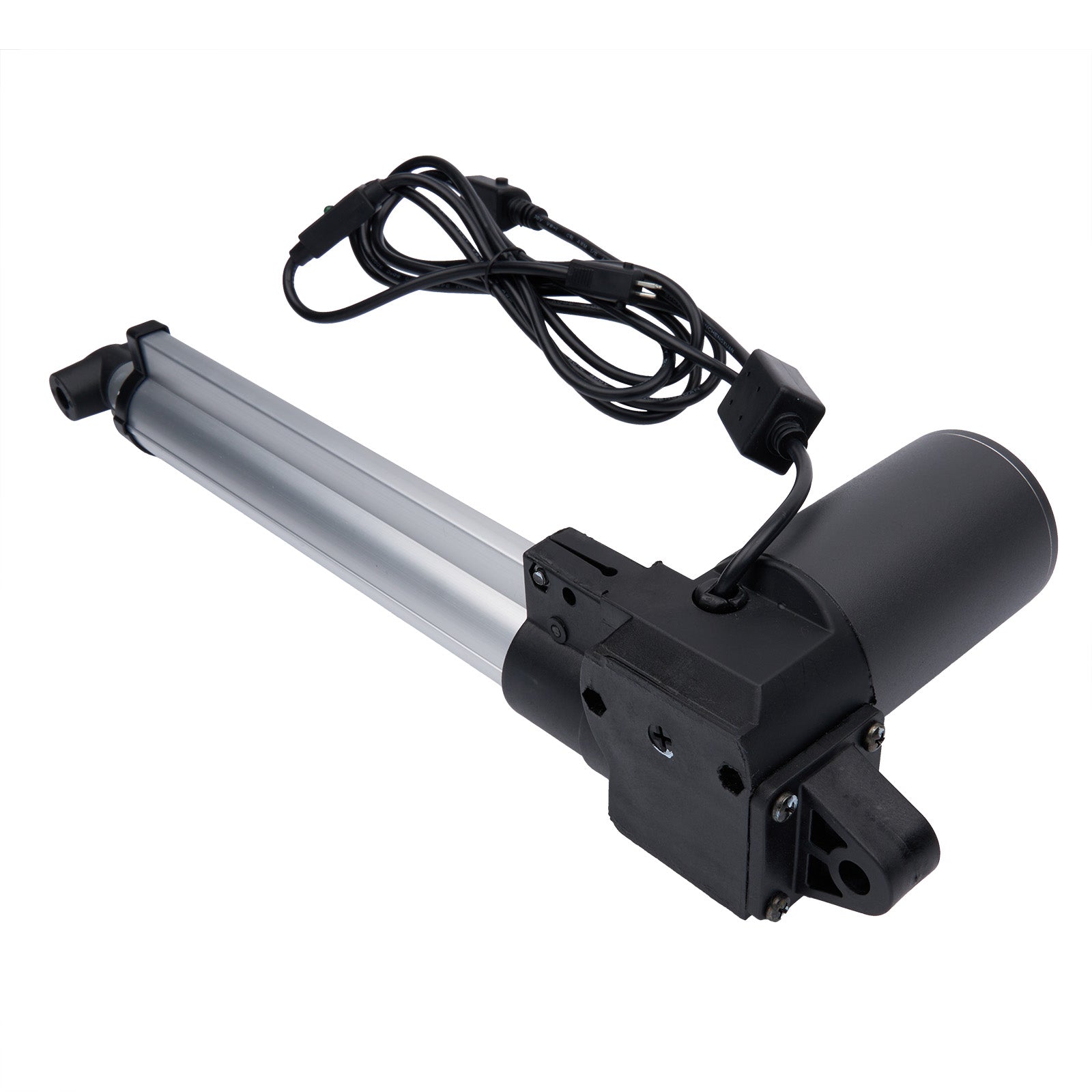 Black linear actuator with a cable on a white background