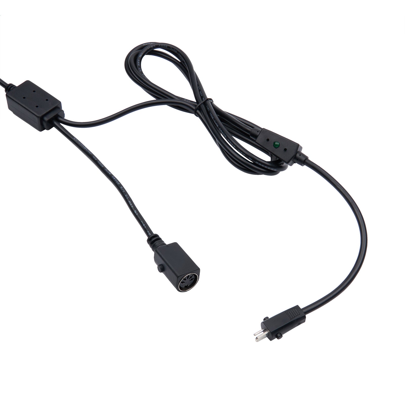 Black electrical cable with connectors on a white background