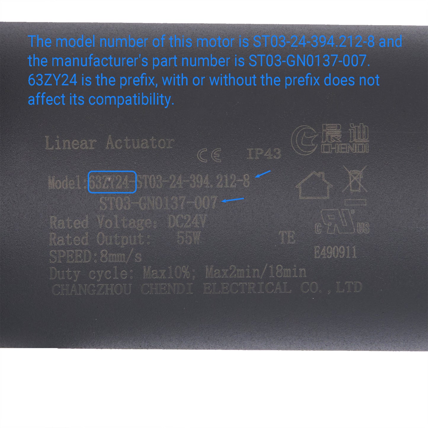 Technical label on a linear actuator with model and manufacturer details.