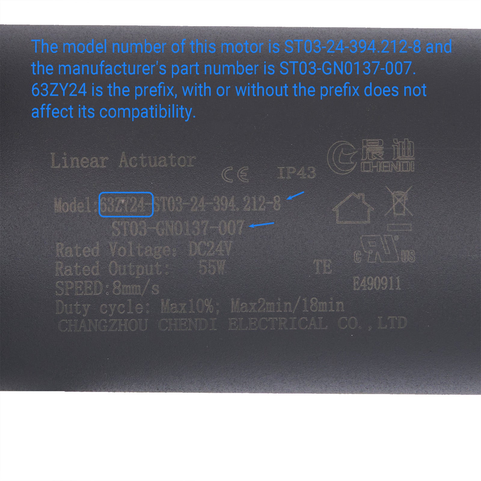 Technical label on a linear actuator with model and manufacturer details.