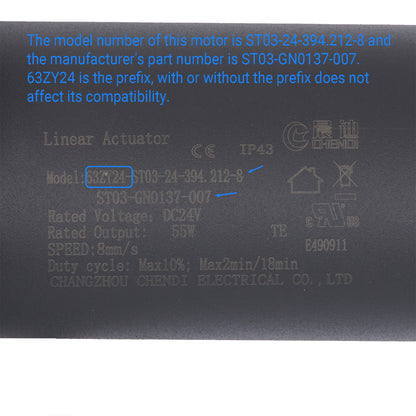 Technical label on a linear actuator with model and manufacturer details.