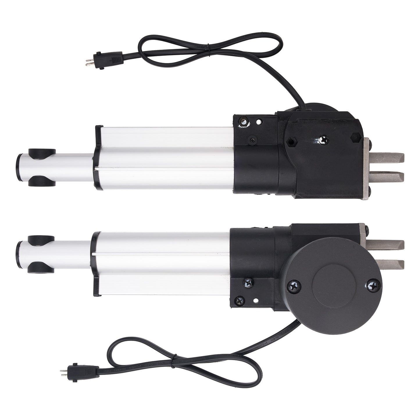 Two linear electric actuators with silver aluminum cylinders, black end caps, and black power cords, displayed against a solid white background.