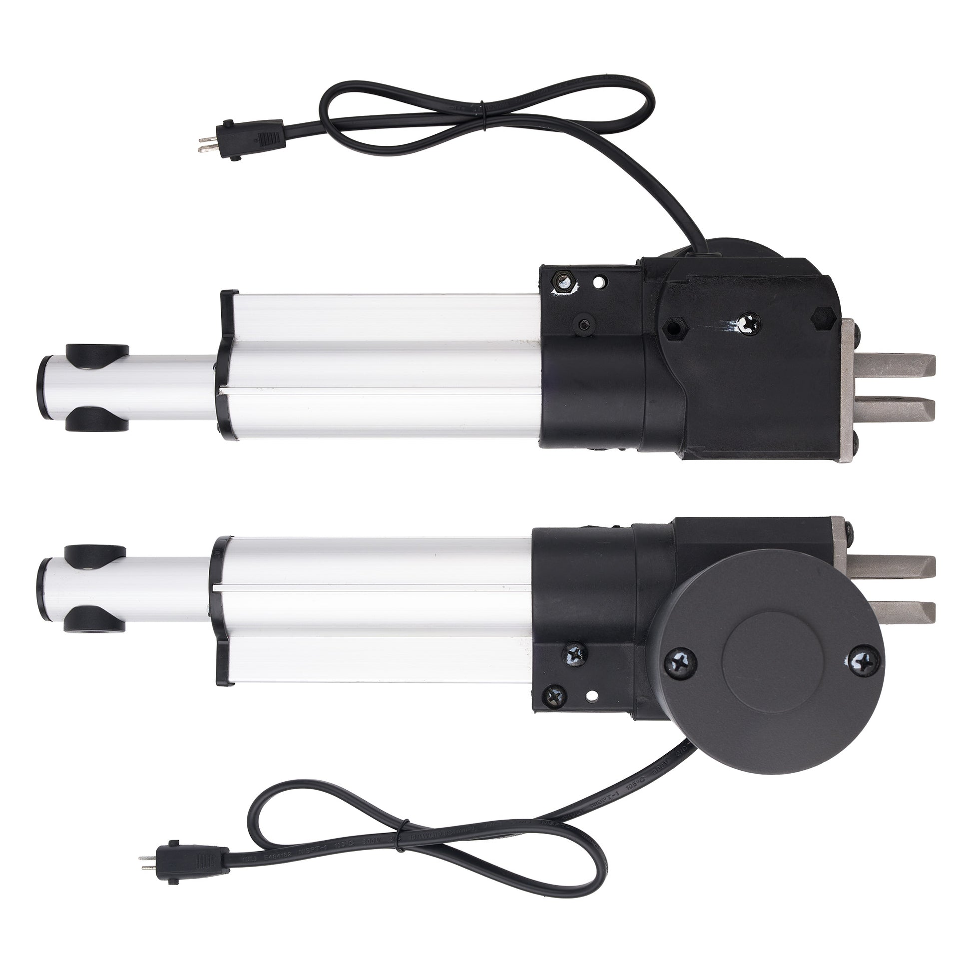 Two linear electric actuators with silver aluminum cylinders, black end caps, and black power cords, displayed against a solid white background.