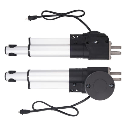 Two linear electric actuators with silver aluminum cylinders, black end caps, and black power cords, displayed against a solid white background.