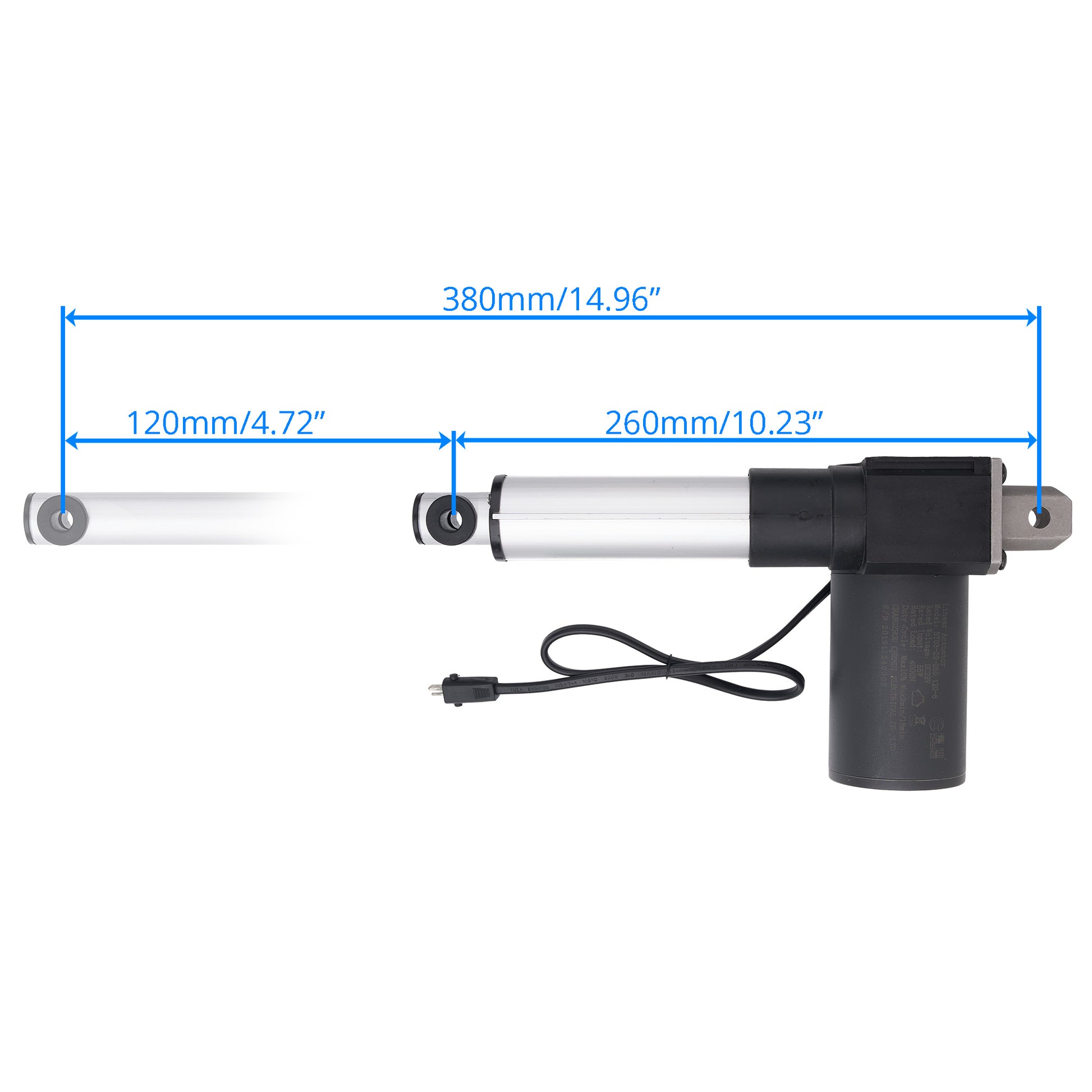 An electric linear actuator with dimension annotations showing a total length of 380mm (14.96 inches) and a stroke of 120mm (4.
