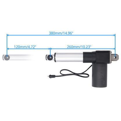 An electric linear actuator with dimension annotations showing a total length of 380mm (14.96 inches) and a stroke of 120mm (4.