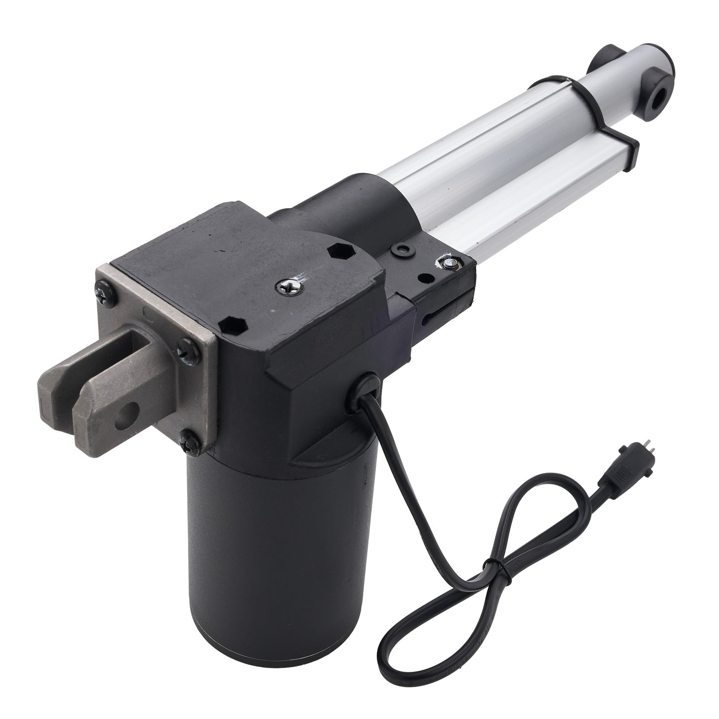 An industrial electric linear motor assembly with a black cylindrical motor base, a black mounting bracket with a metal clamp, a long silver metal rod, and a black power cord with a plug, shown on a white background.