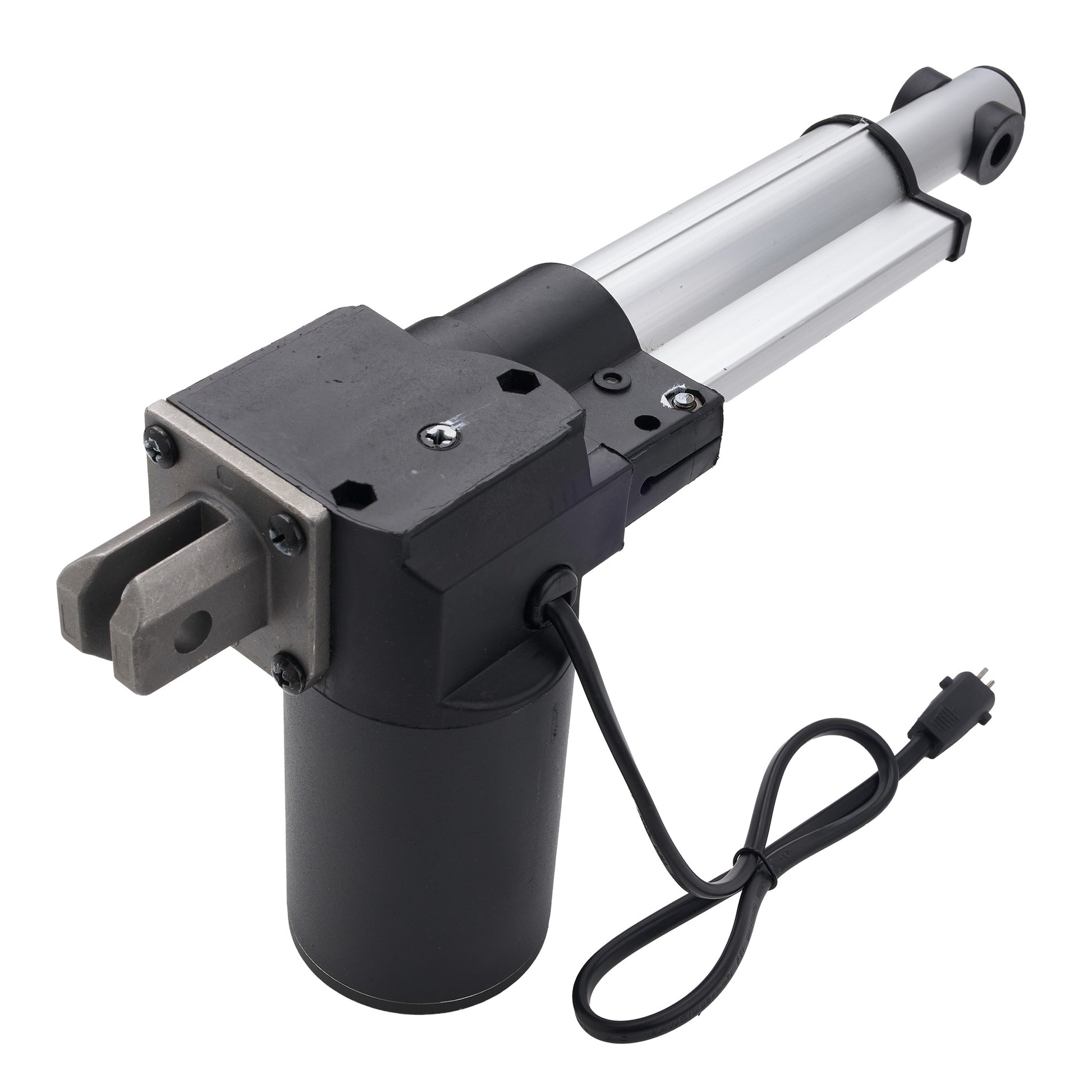 An industrial electric linear motor assembly with a black cylindrical motor base, a black mounting bracket with a metal clamp, a long silver metal rod, and a black power cord with a plug, shown on a white background.