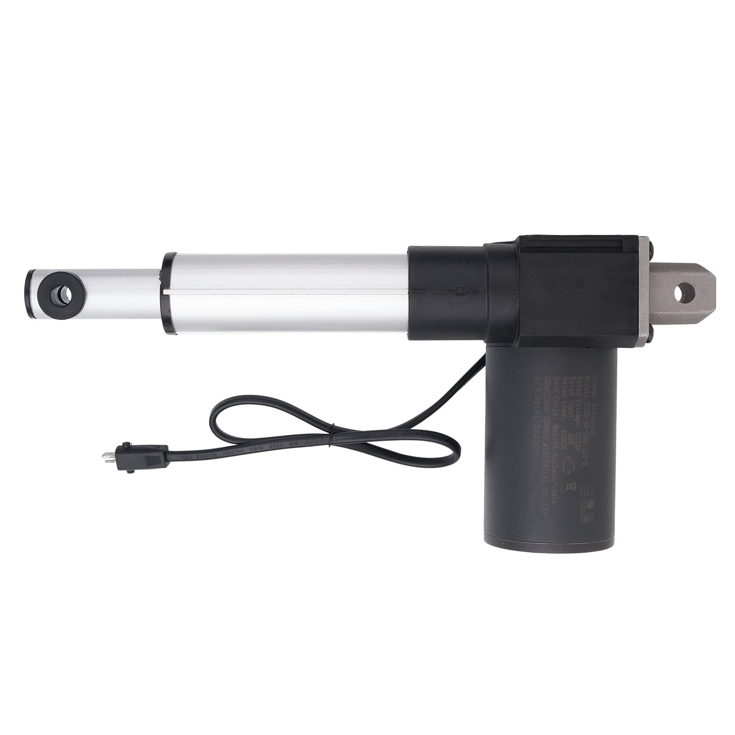 An electric linear actuator with dimension annotations showing a total length of 380mm (14.96 inches) and a stroke of 120mm (4.