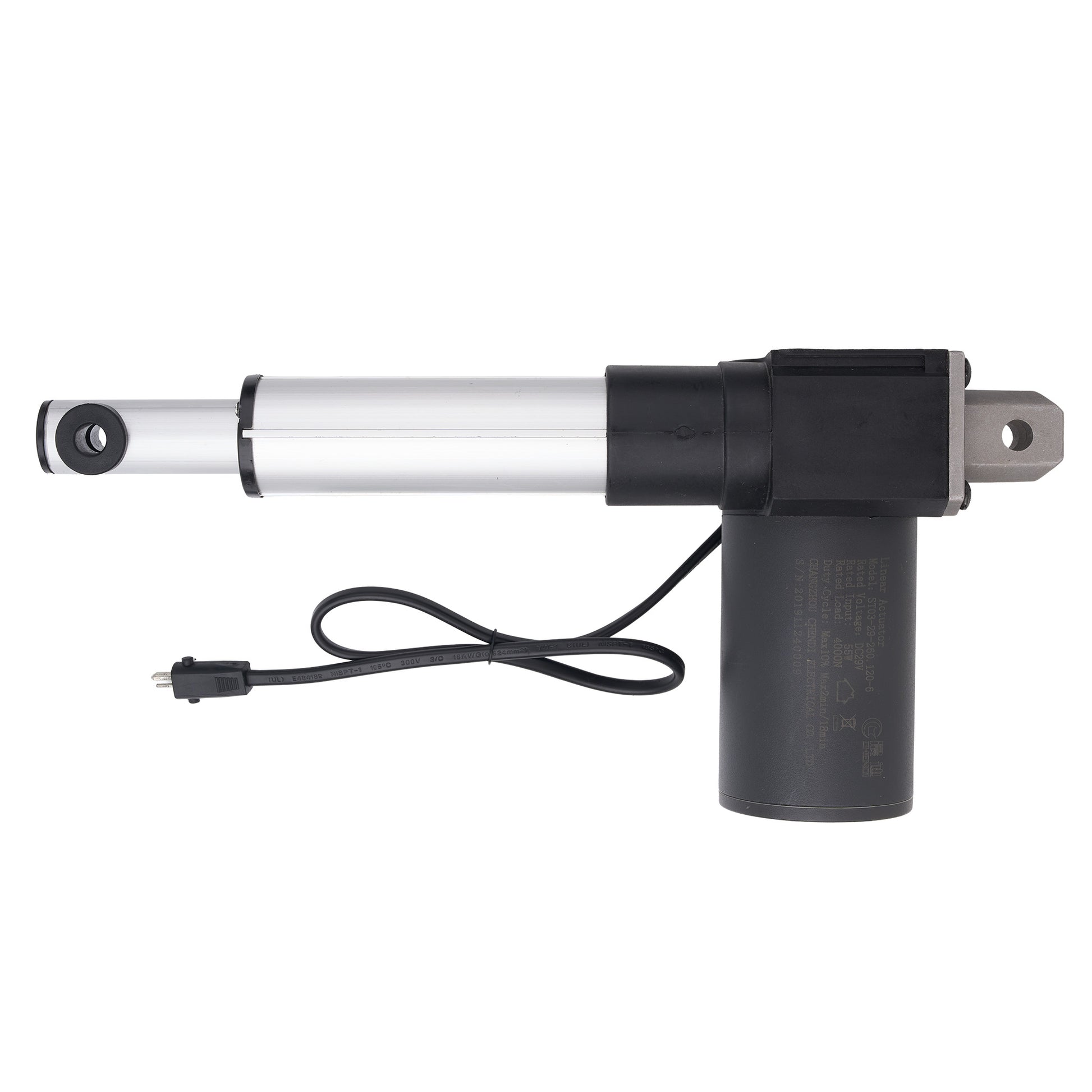 An electric linear actuator with dimension annotations showing a total length of 380mm (14.96 inches) and a stroke of 120mm (4.