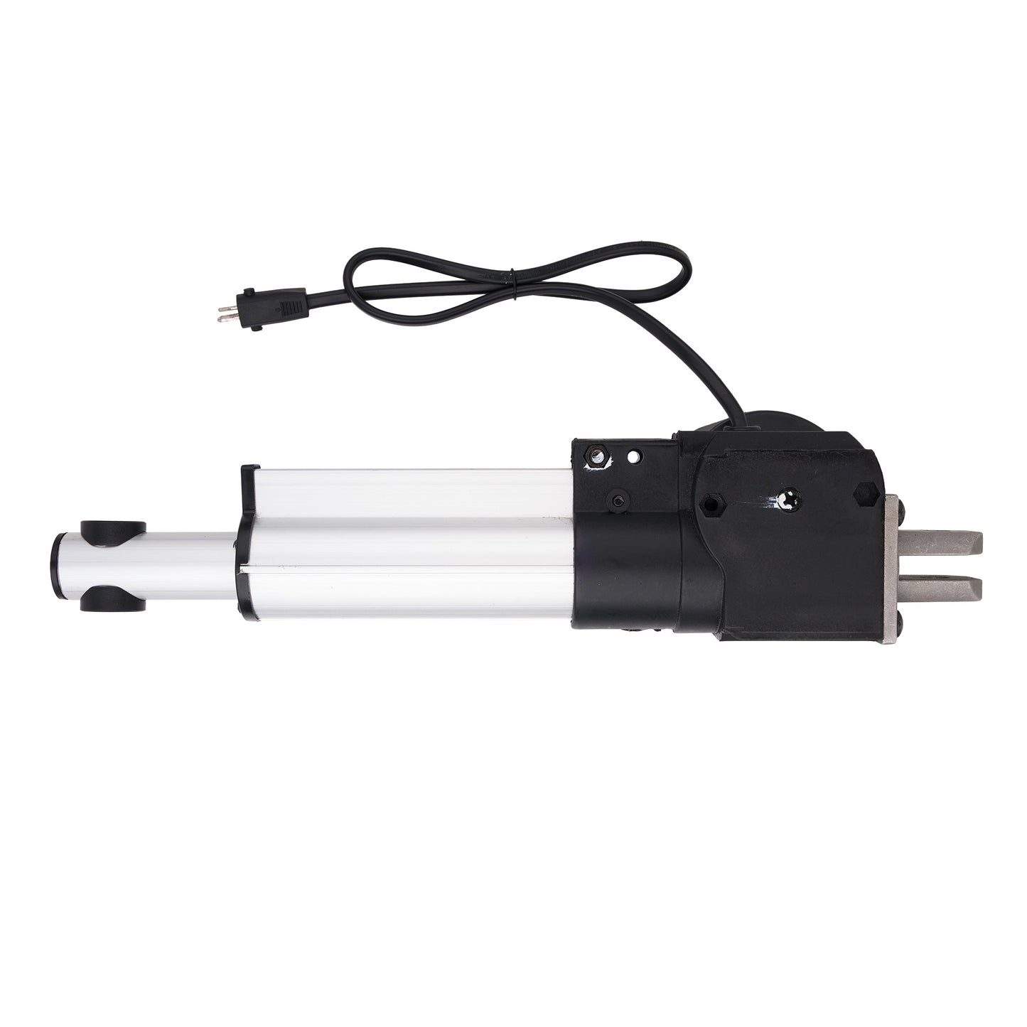A linear electric actuator with a silver cylindrical body, a black motor housing, and a black power cord with a plug, shown against a plain white background.