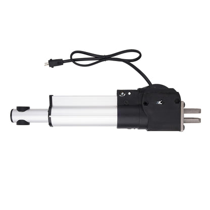 A linear electric actuator with a silver cylindrical body, a black motor housing, and a black power cord with a plug, shown against a plain white background.