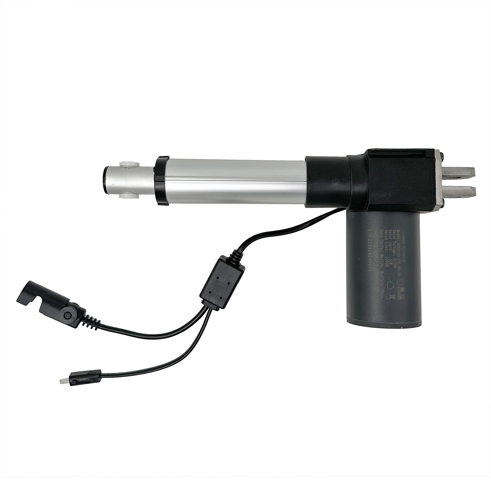 A black and silver linear actuator, consisting of a cylinder and a motor housing with attached cables and plugs.