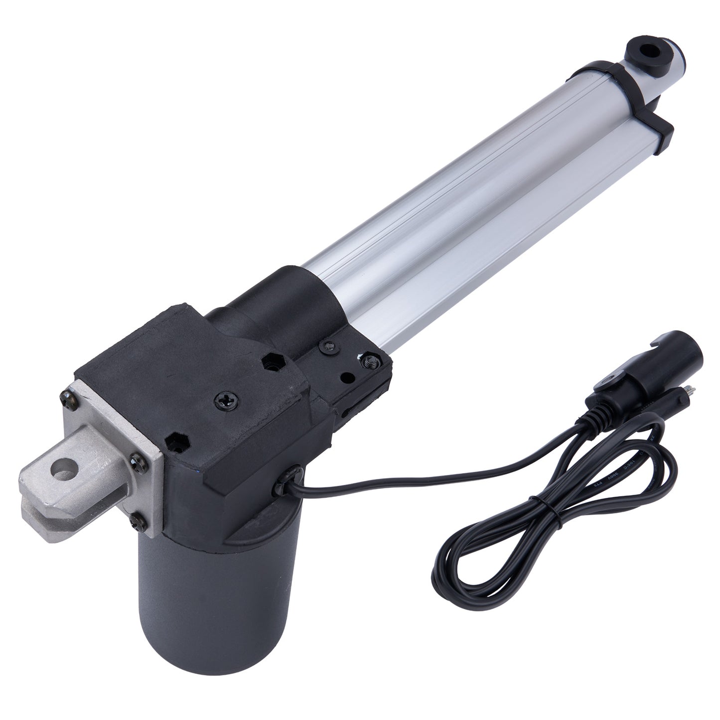 Electric linear actuator with power cable on a white background