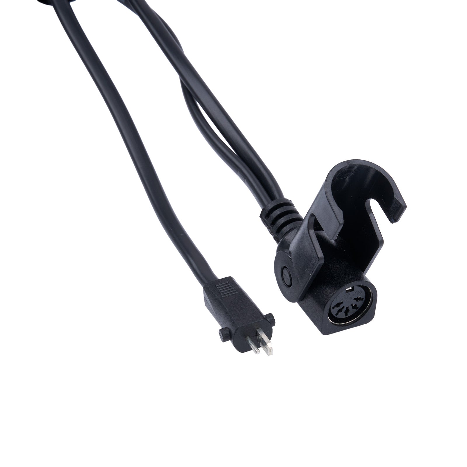 Black power cable with plug on a white background