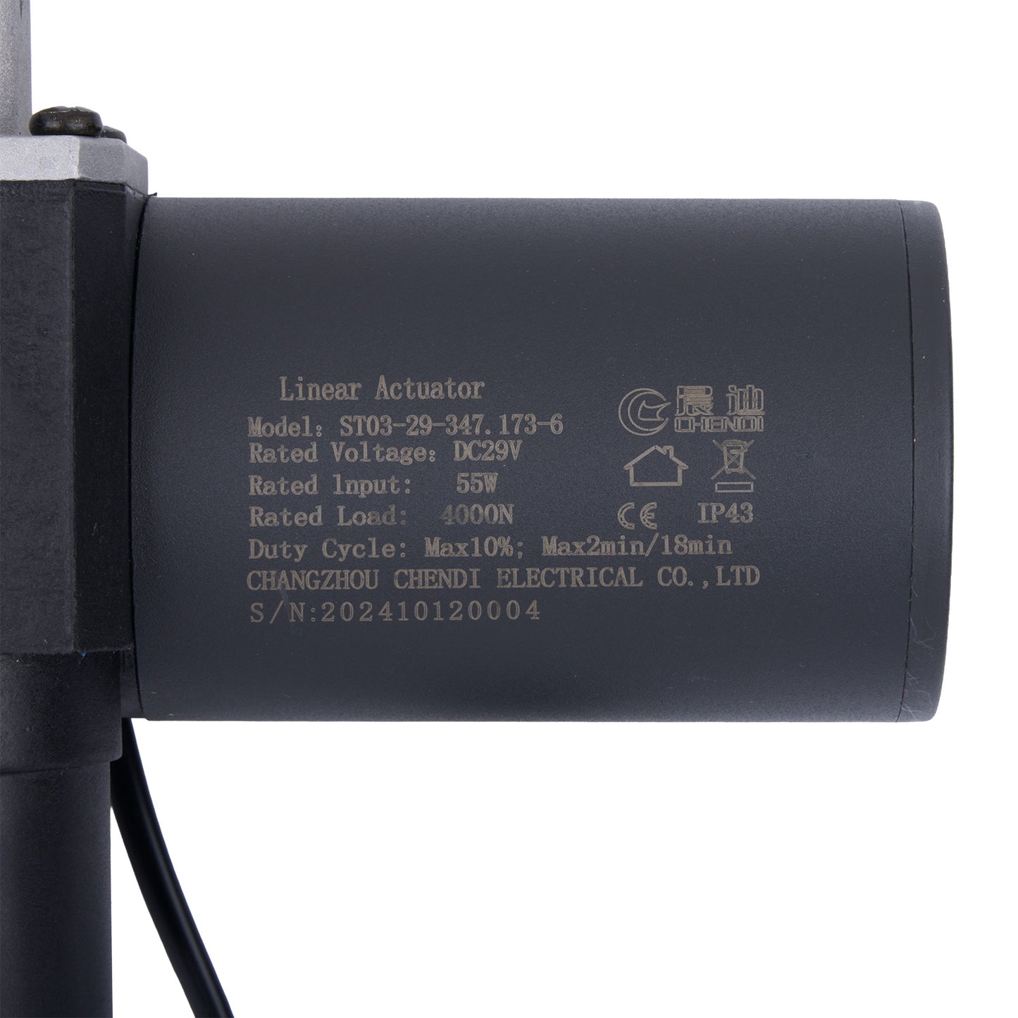 Linear actuator with specifications printed on a white background