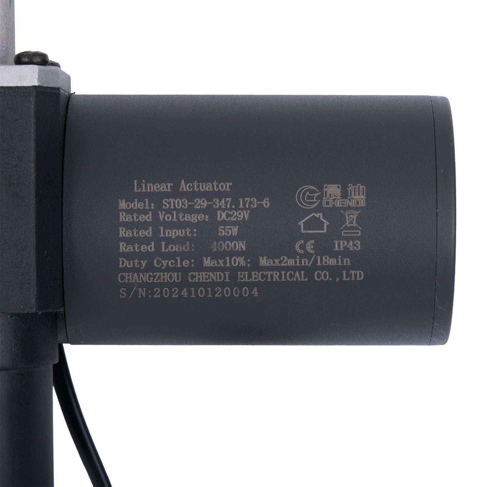 Linear actuator with specifications printed on a white background