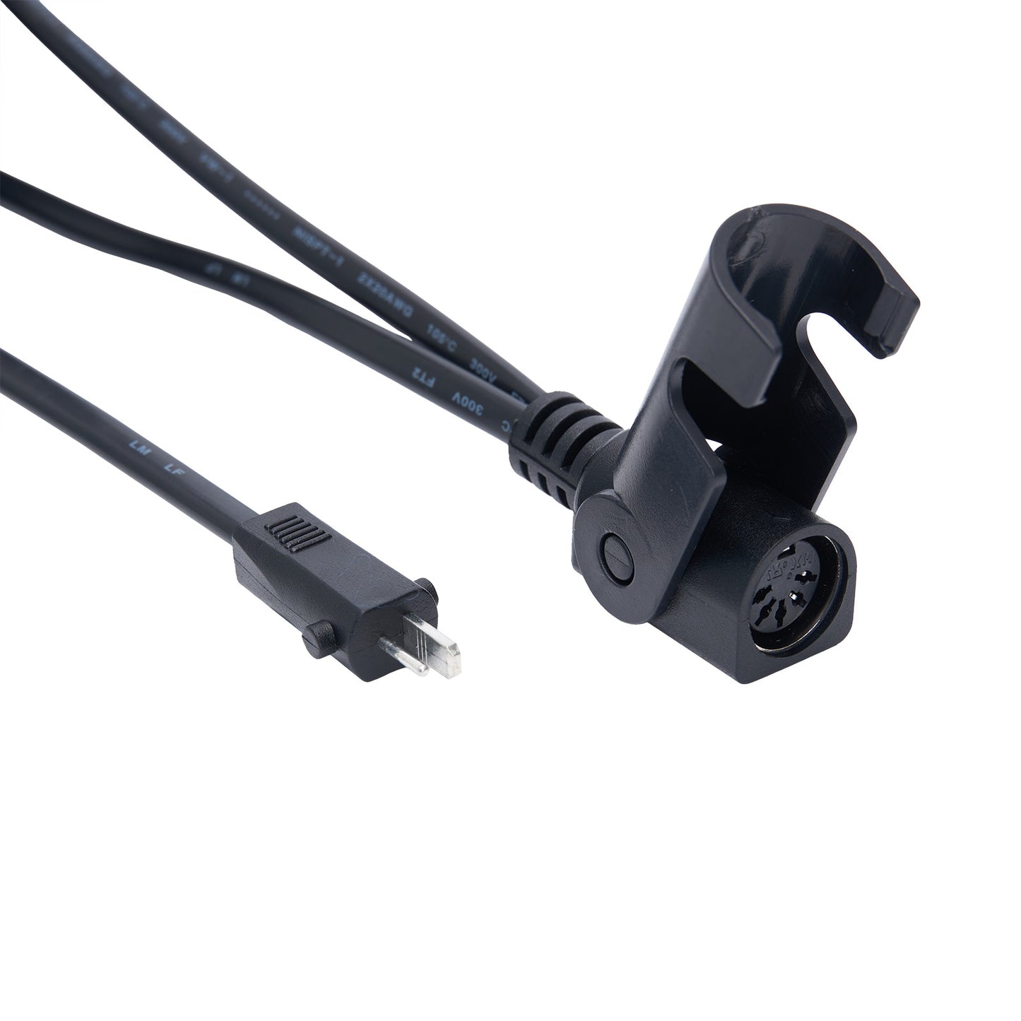 Black electrical cable with connector on white background