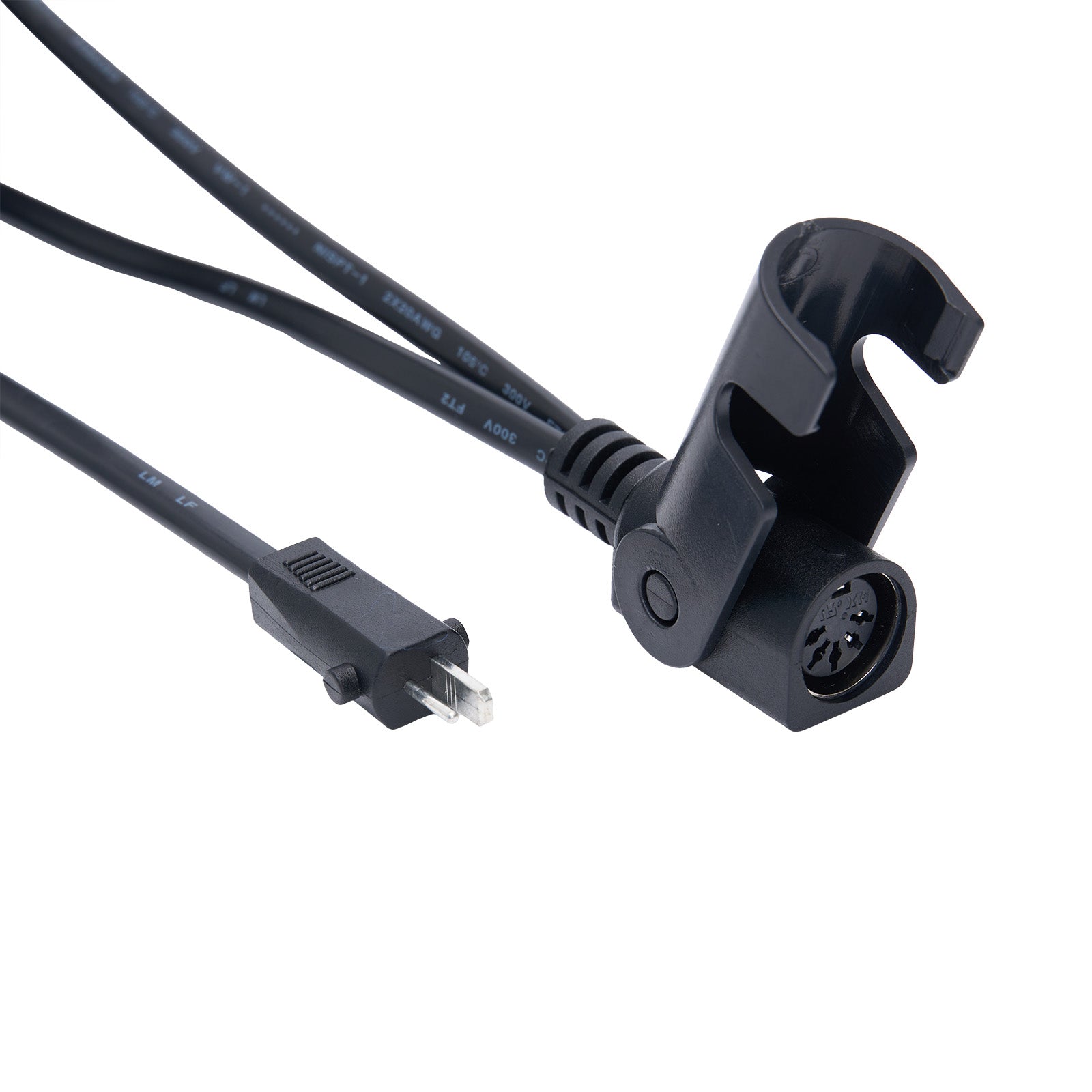 Black electrical cable with connector on white background