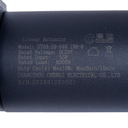Close-up of a linear actuator with engraved details.