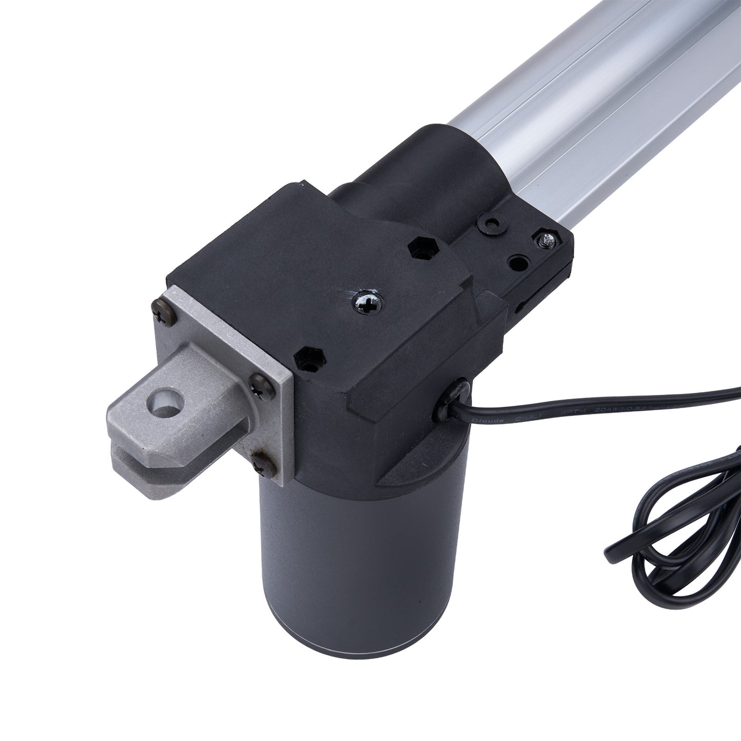Linear actuator with black housing and visible wiring on a white background