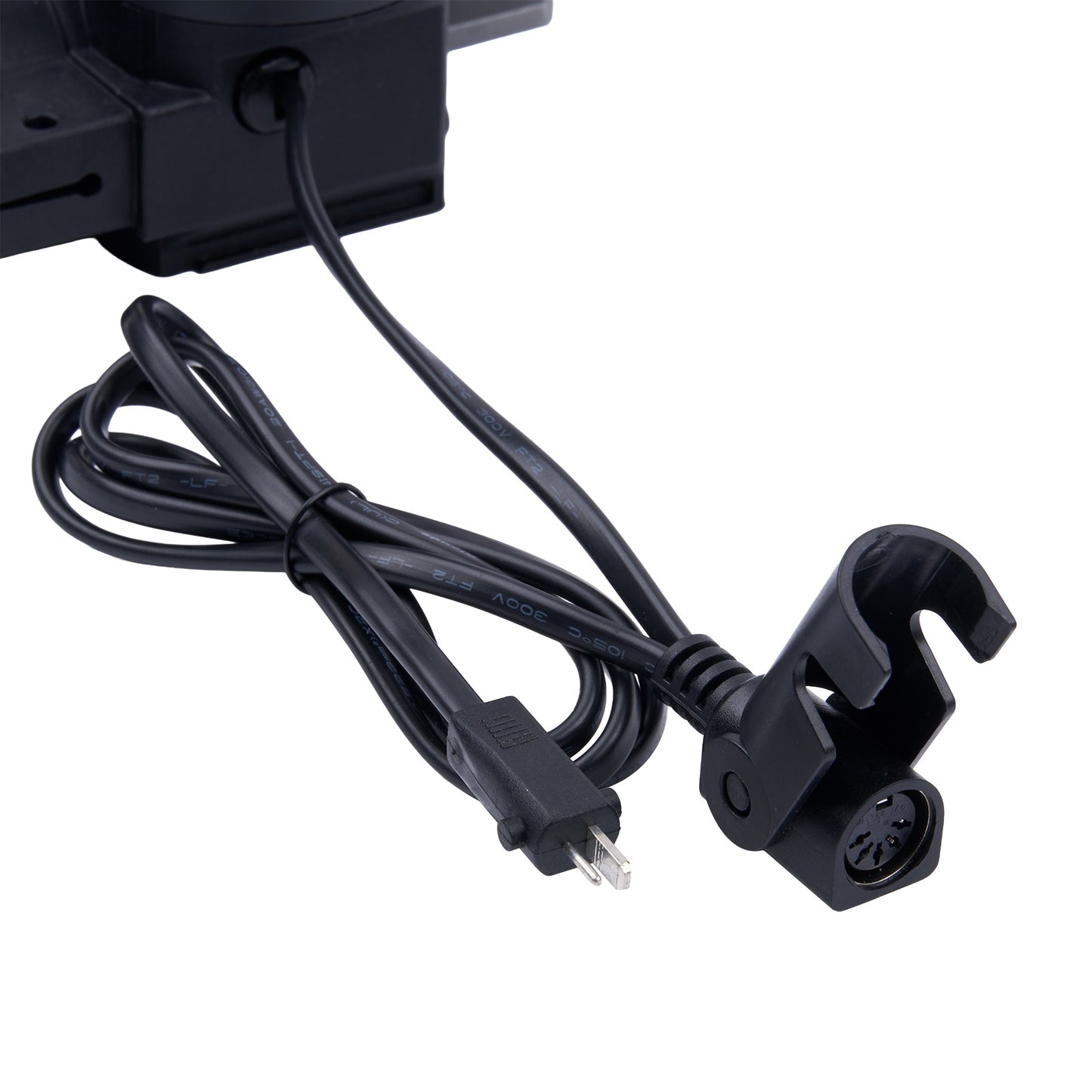 Black power cord with plug and connector on a white background