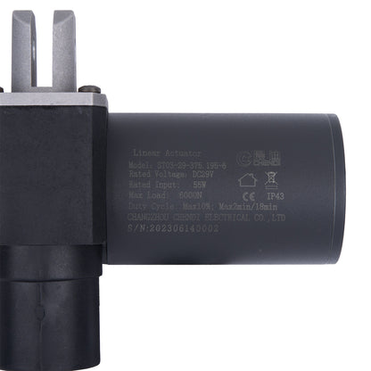 Black linear actuator with text on a white background