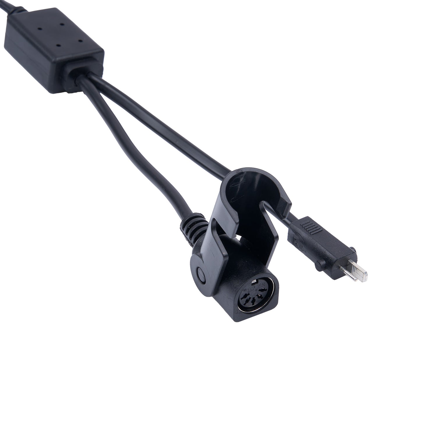 Black electrical cable with various connectors on a white background