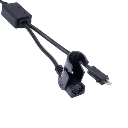 Black electrical cable with various connectors on a white background