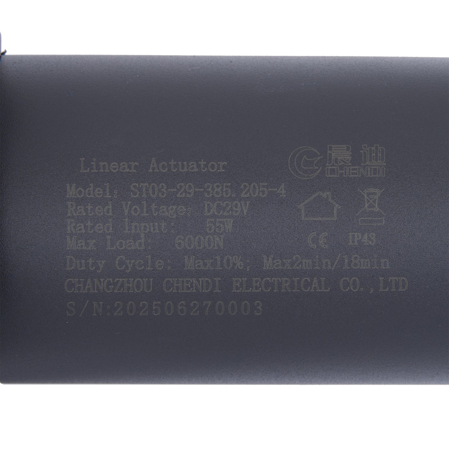 Black linear actuator with text and symbols on a white background