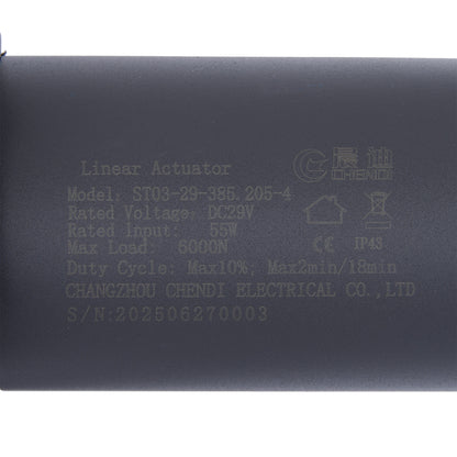 Black linear actuator with text and symbols on a white background