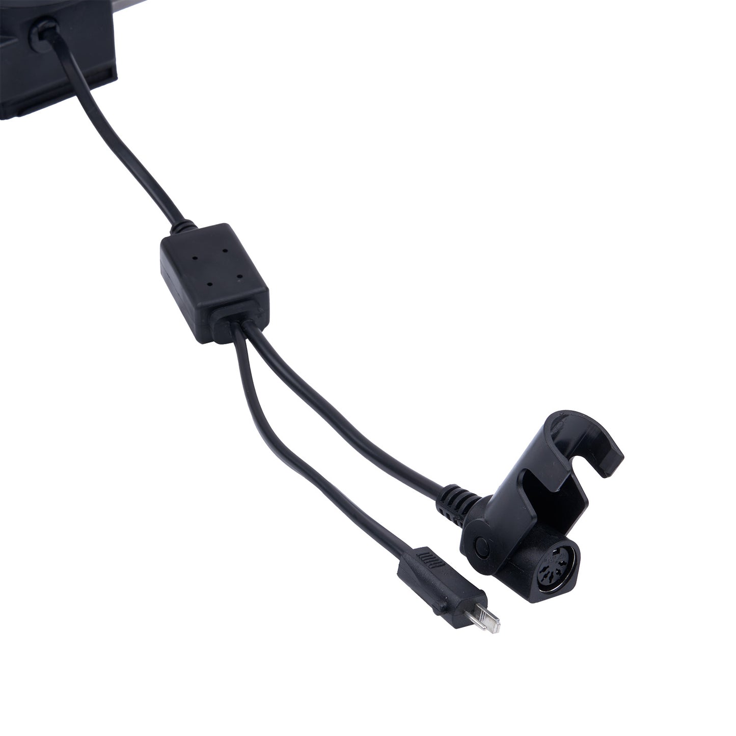 Black electronic cable with connectors on a white background