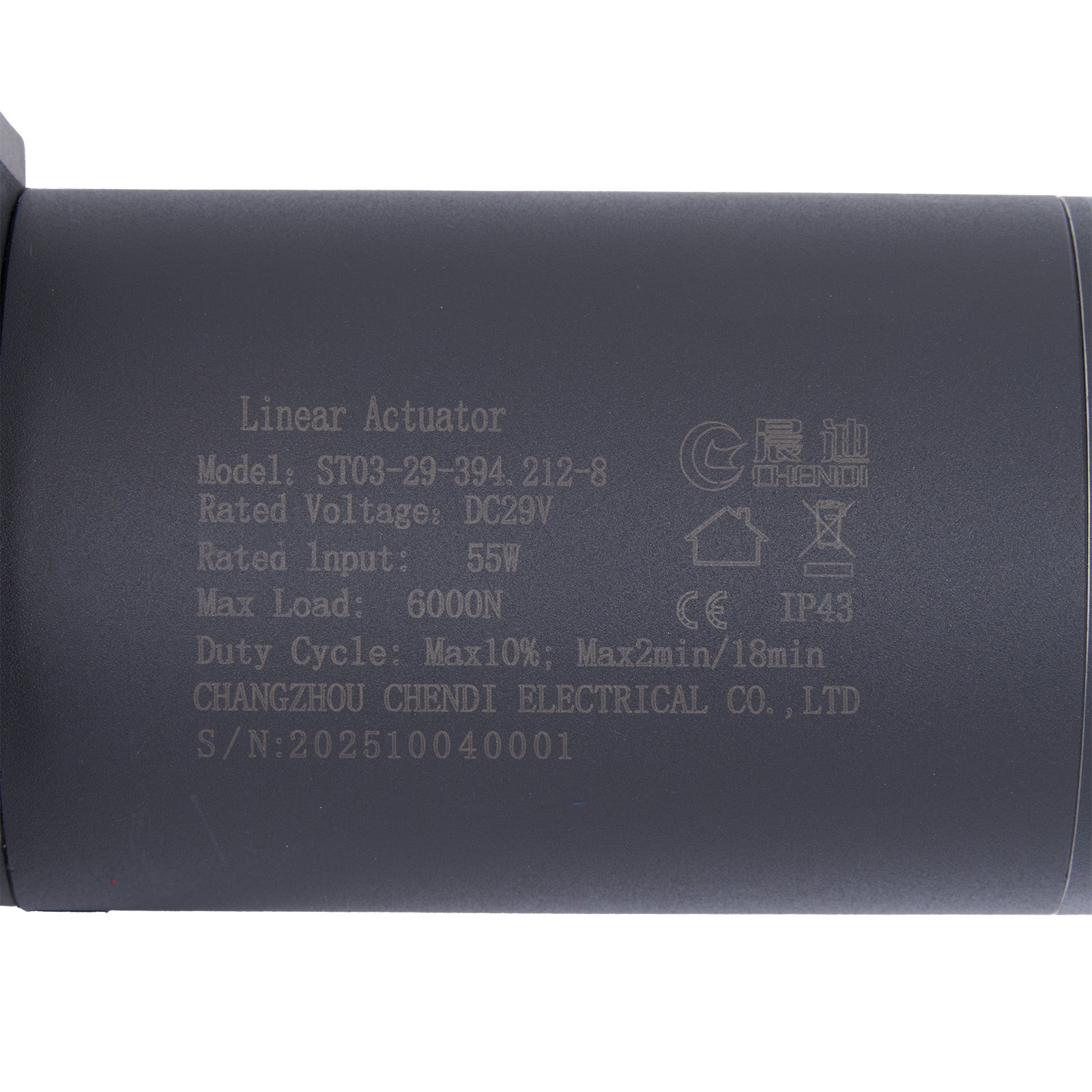Linear actuator with specifications printed on a white background
