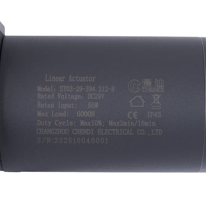 Linear actuator with specifications printed on a white background