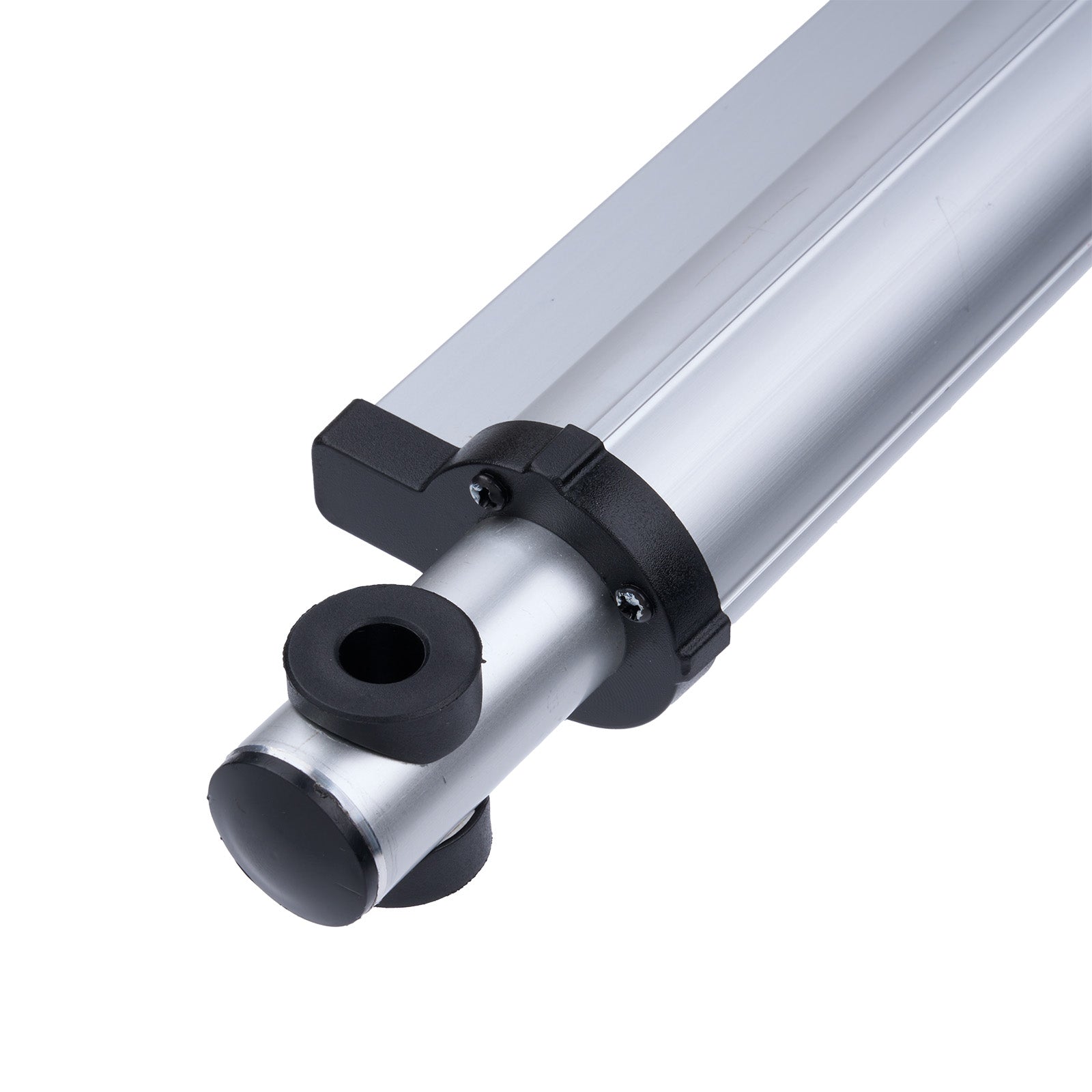 Metallic cylindrical component with black connectors on a white background